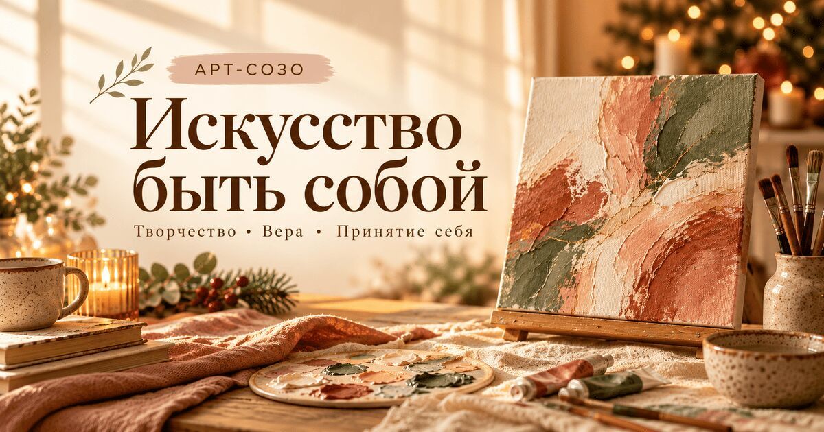 Обложка арт-сессии «Искусство быть собой»: холст с абстрактной картиной в тёплых розовых и зелёных тонах, кисти и краски на столе